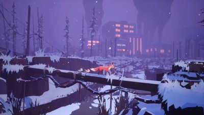 Captura de pantalla de Endling - Extinction is Forever que muestra a una madre zorro y sus cachorros caminando sobre un árbol caído en un paisaje nevado.