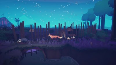 Captura de pantalla de Endling - Extinction is Forever que muestra a una madre zorro caminando por una escena nocturna