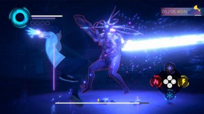 Eternights 高校生の年頃のキャラクターが、巨大な人間型の悪魔のクリーチャーと戦うスクリーンショット