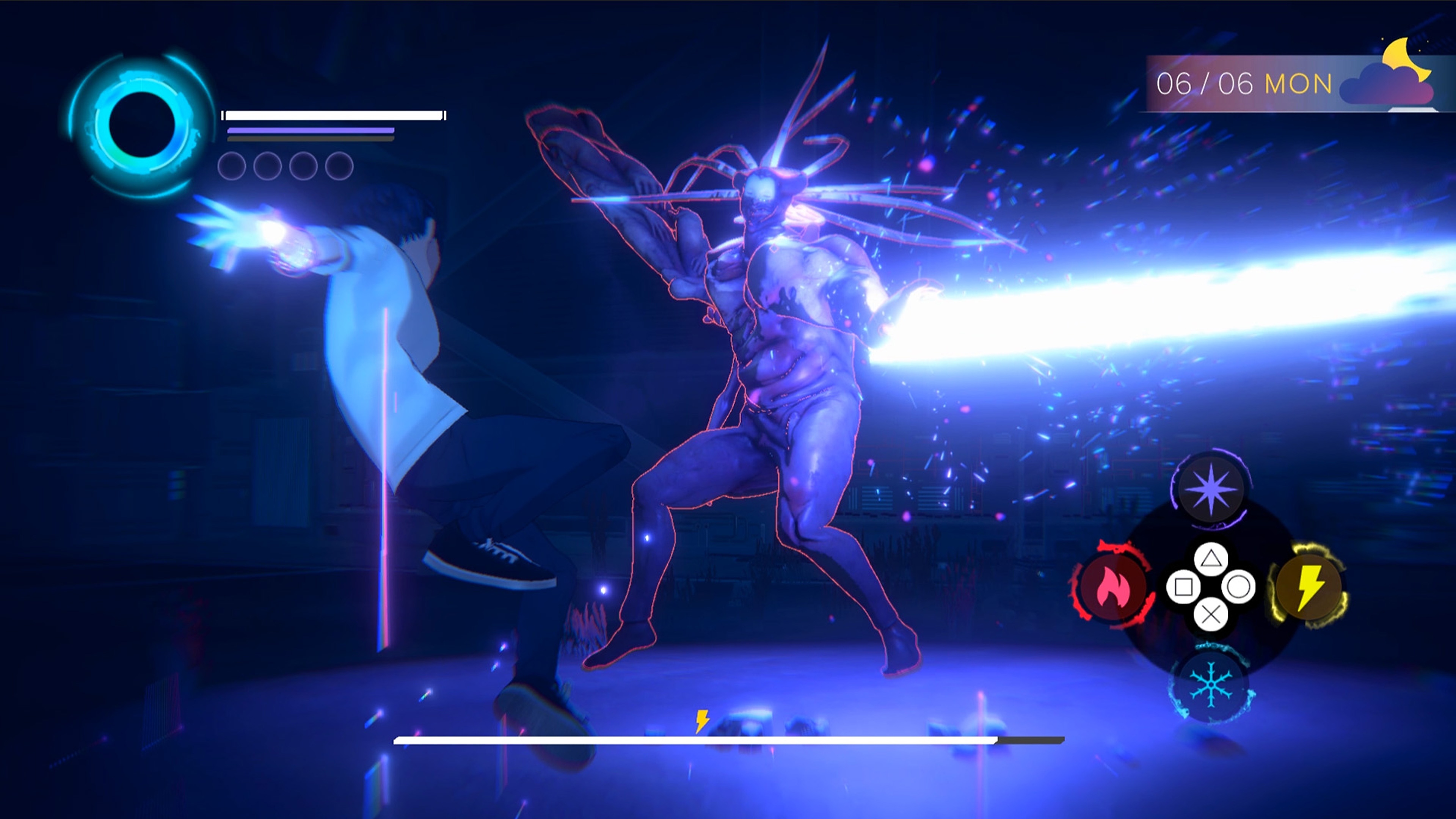 《Eternights》截屏，展示高中生角色与大型人形恶魔生物战斗。