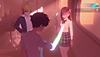 Eternights - Capture d'écran montrant trois lycéens dans un café futuriste.