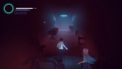 Eternights screenshot featuring two high-school age characters running through a dimly lit corridor. 