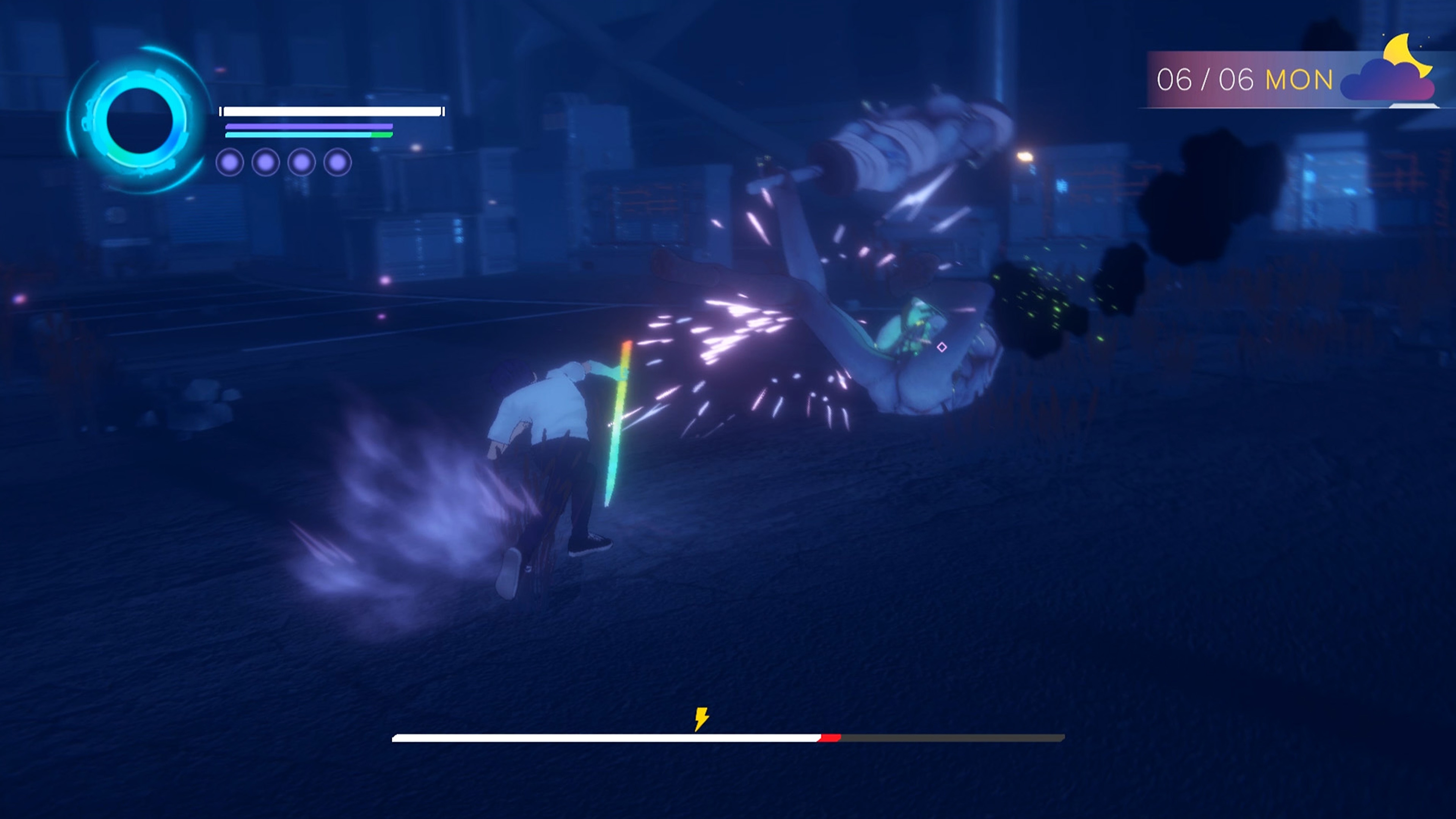 Captura de pantalla de Eternights que muestra a un personaje con edad de secundaria luchando contra una criatura grande, humanoide y demoniaca.