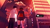 لقطة شاشة من لعبة Eternights بها شخصيتين في سن المرحلة الثانوية يمسكان أيديهما أمام مبنى شاهق في المدينة.