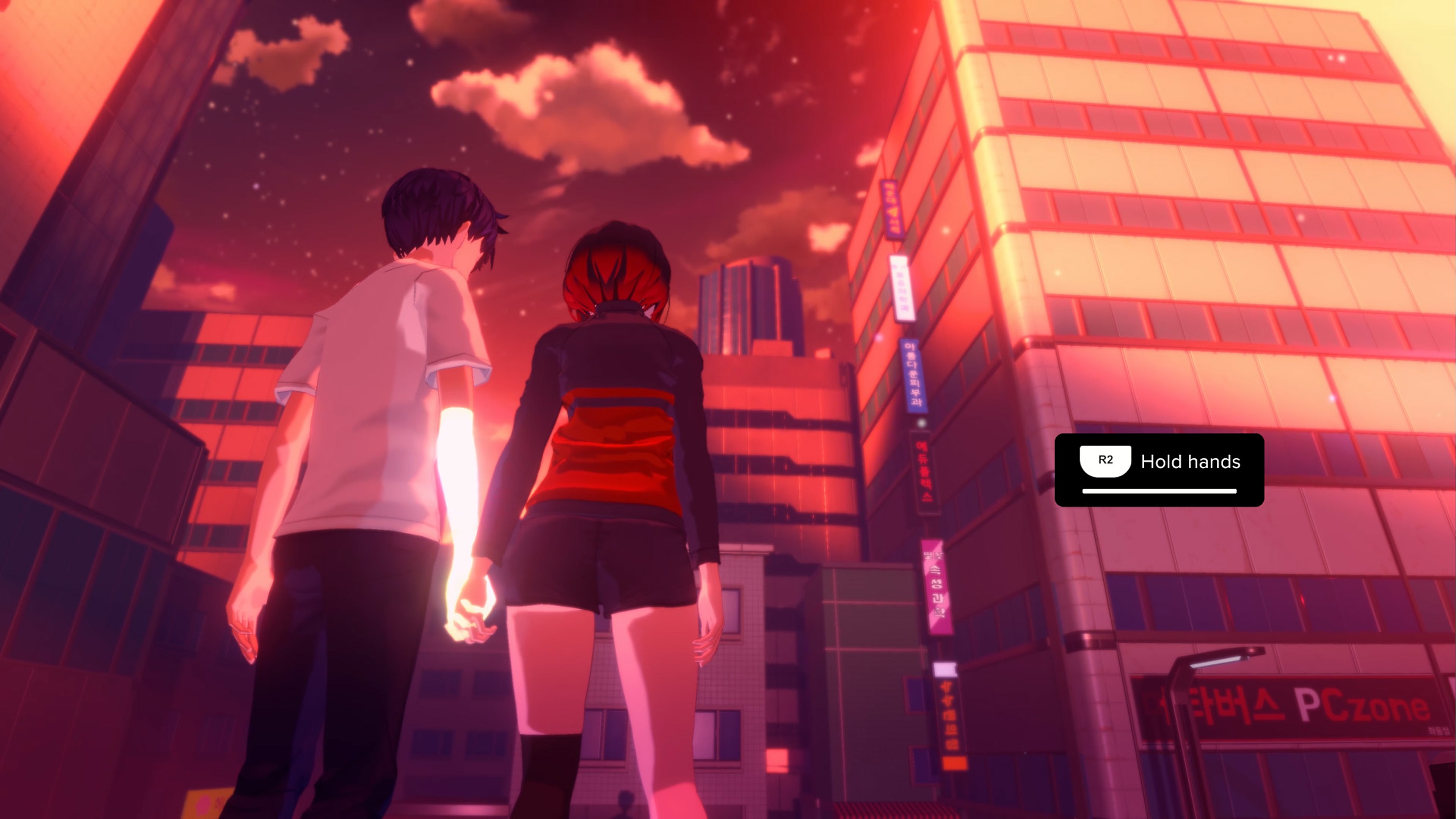 Eternights screenshot featuring a two high school age characters holding hands in front of a high-rise city scape.
