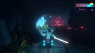 eternights – снимок экрана, на котором персонаж школьного возраста едет на мотоцикле через темный подземный туннель.