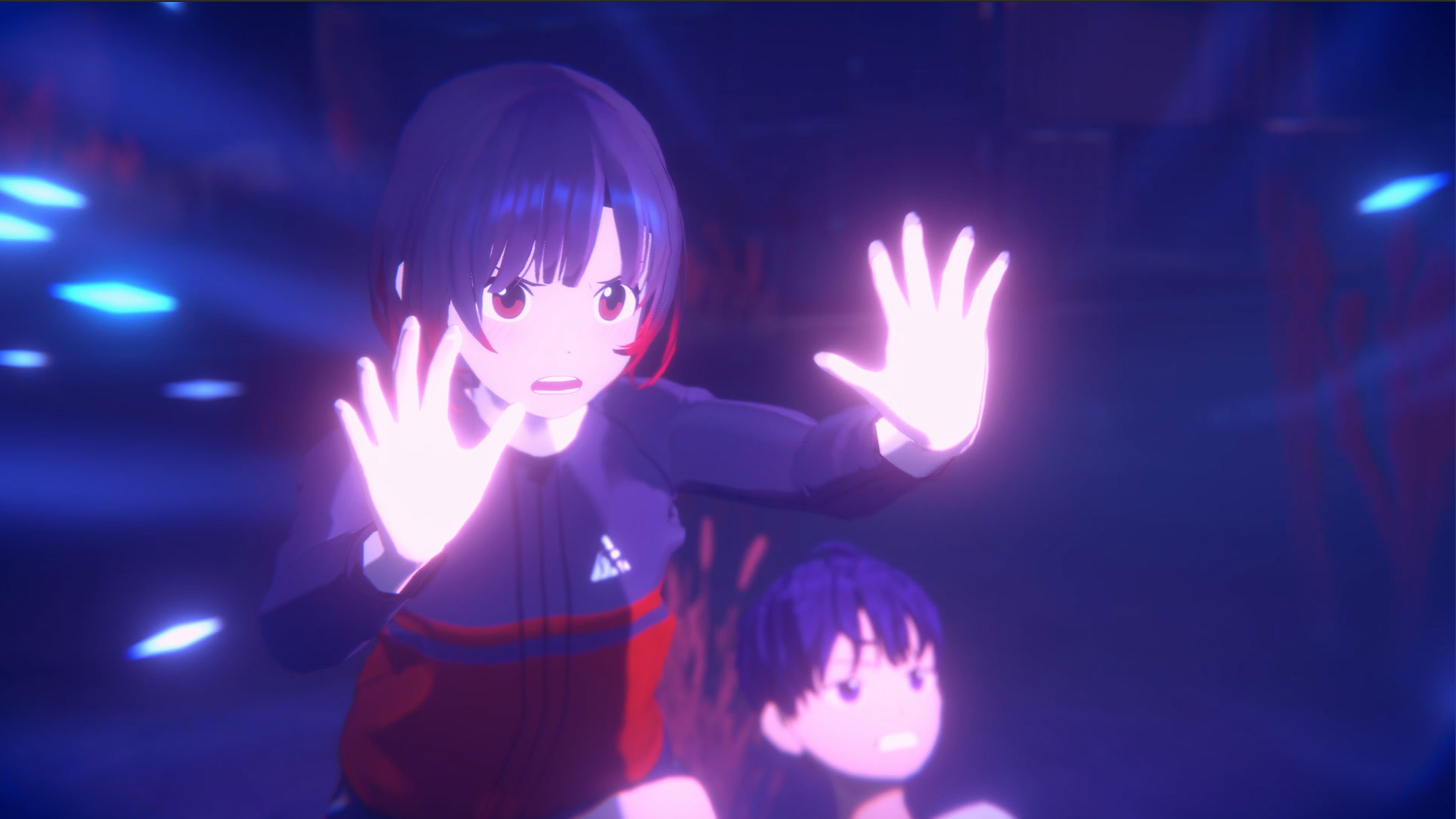 Captura de pantalla de Eternights que muestra a una chica del secundario repeliendo a un asaltante oculto.