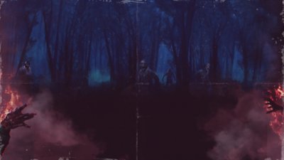 Evil Dead: The Game arte de fondo que muestra una escena oscura de bosques