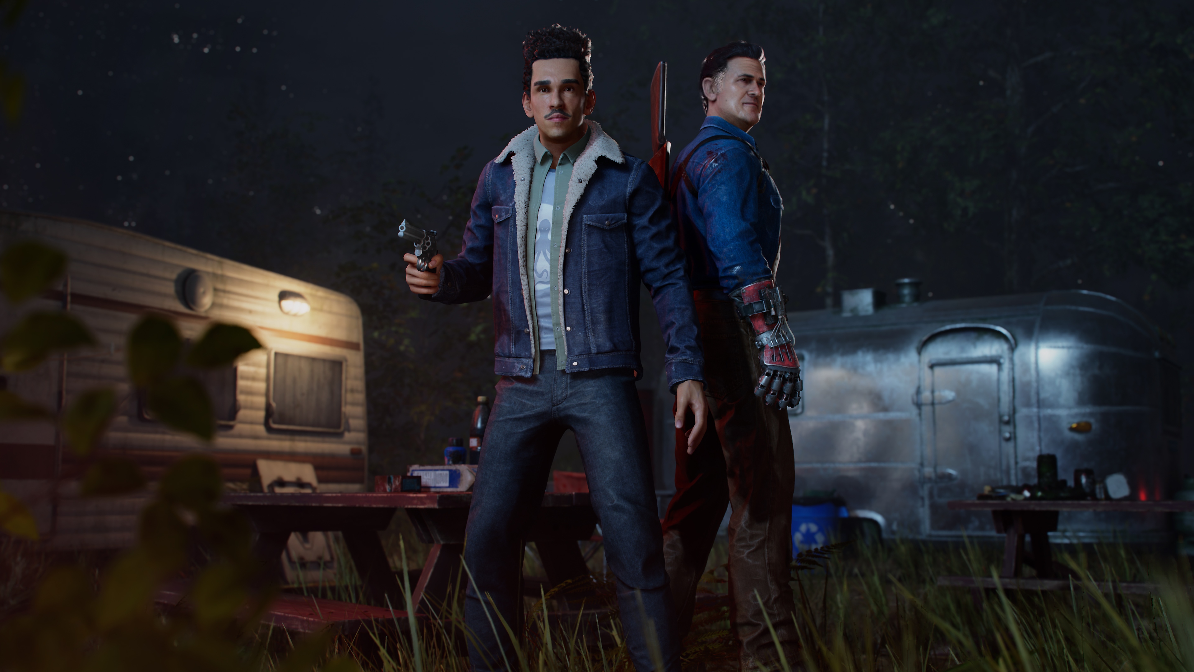 Evil Dead: The Game-screenshot van twee personages die met hun rug tegen elkaar staan