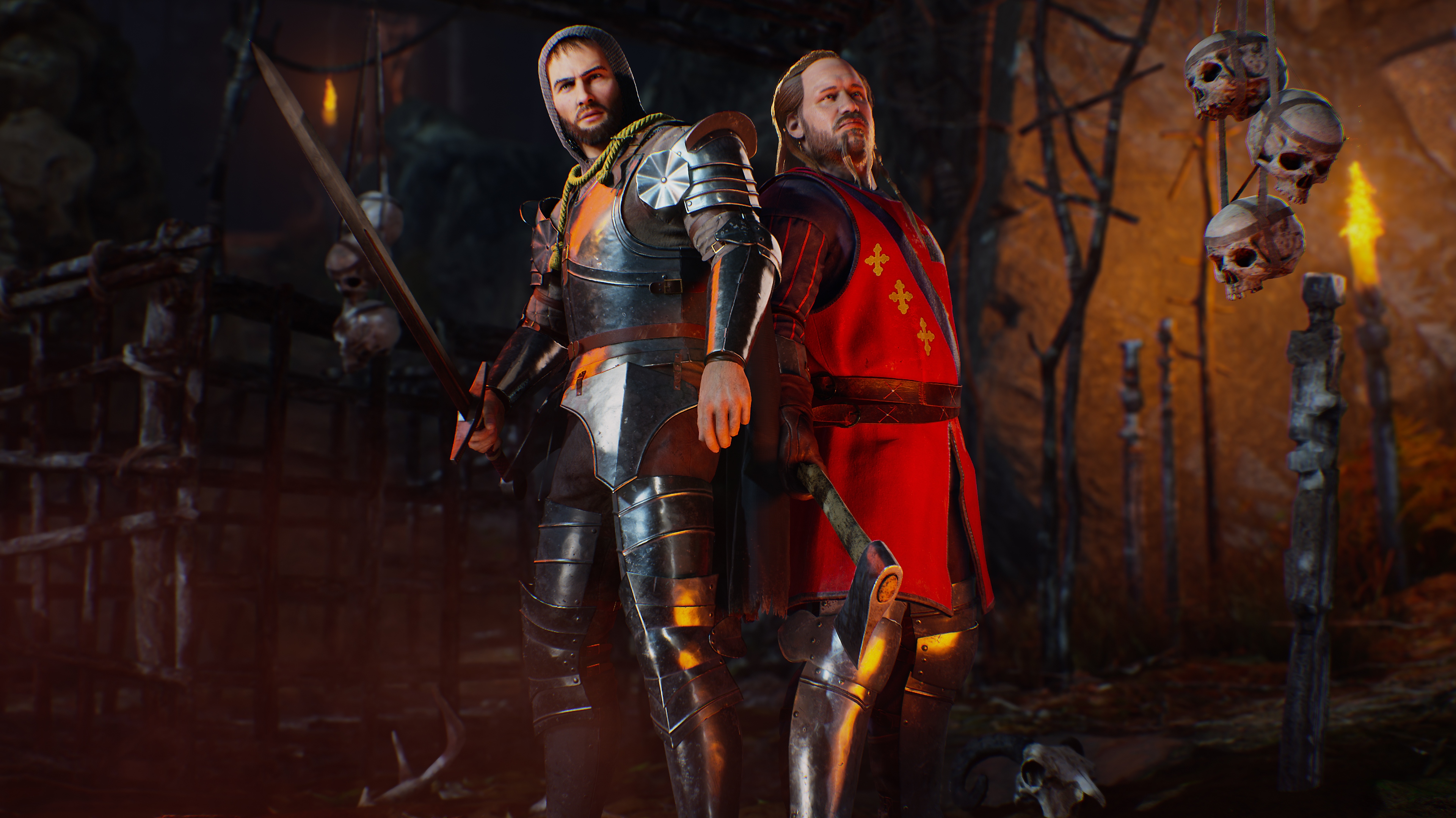 Evil Dead:‎ The Game، لقطة شاشة تعرض شخصيتين ترتديان ملابس تشبه ملابس الفارس