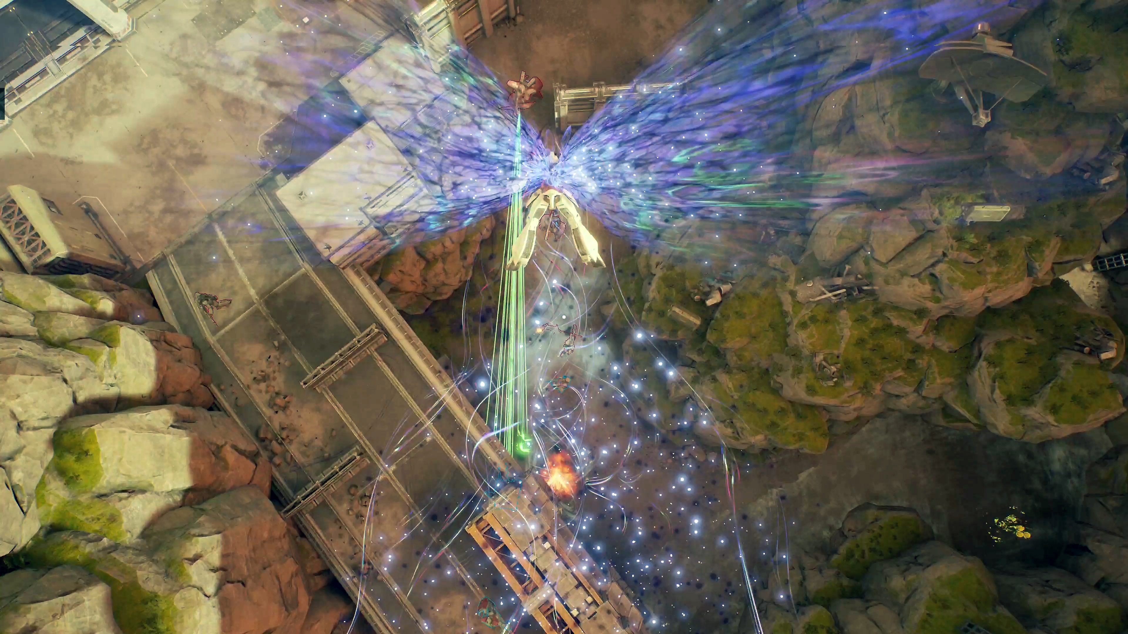 لقطة شاشة من لعبة Gundam Evolution تظهر فيها معركة