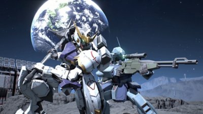 Captura de pantalla de Gundam Evolution mostrando los Mobile Suit con el planeta Tierra en el cielo a lo lejos