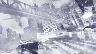 Sfondo di Need for Speed Unbound: collage di una città in bianco e nero