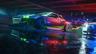 ภาพหน้าจอ Need for Speed Unbound ที่แสดงให้เห็นรถที่กำลังถูกตำรวจไล่ล่า
