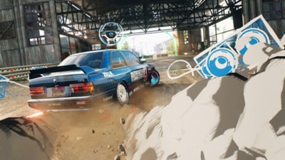 Need for Speed Unbound screenshot showing a car and some graffti-style artwork around it