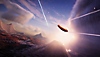 Exo One-heltegrafik, der viser kugleformet objekt flyve gennem skyerne