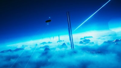 Bannière illustrée d'Exo One montrant un objet sphérique volant au-dessus des nuages
