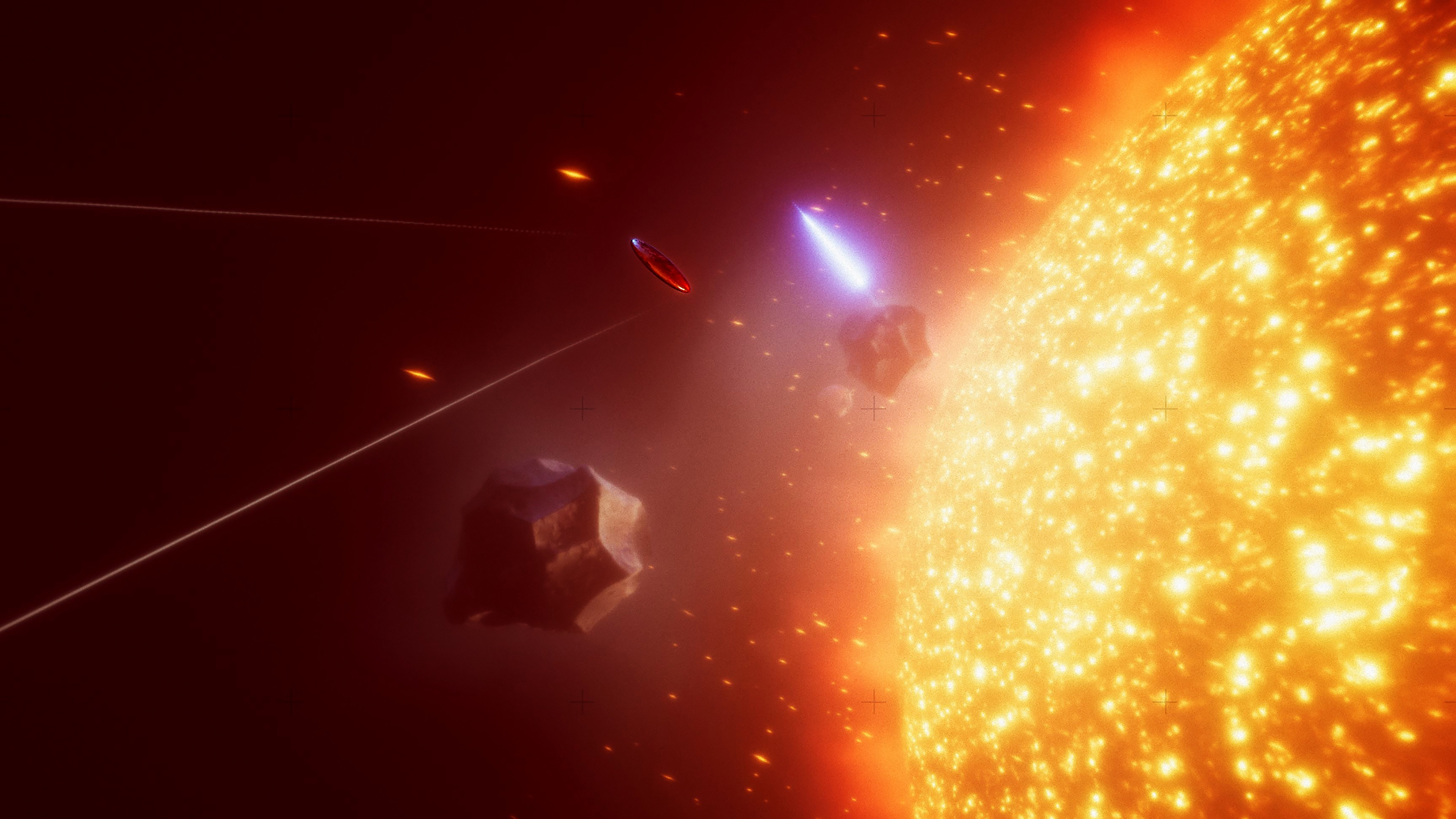 لقطة شاشة للعبة Exo One يظهر فيها جسم يطير بالقرب من كيان يشبه النجوم