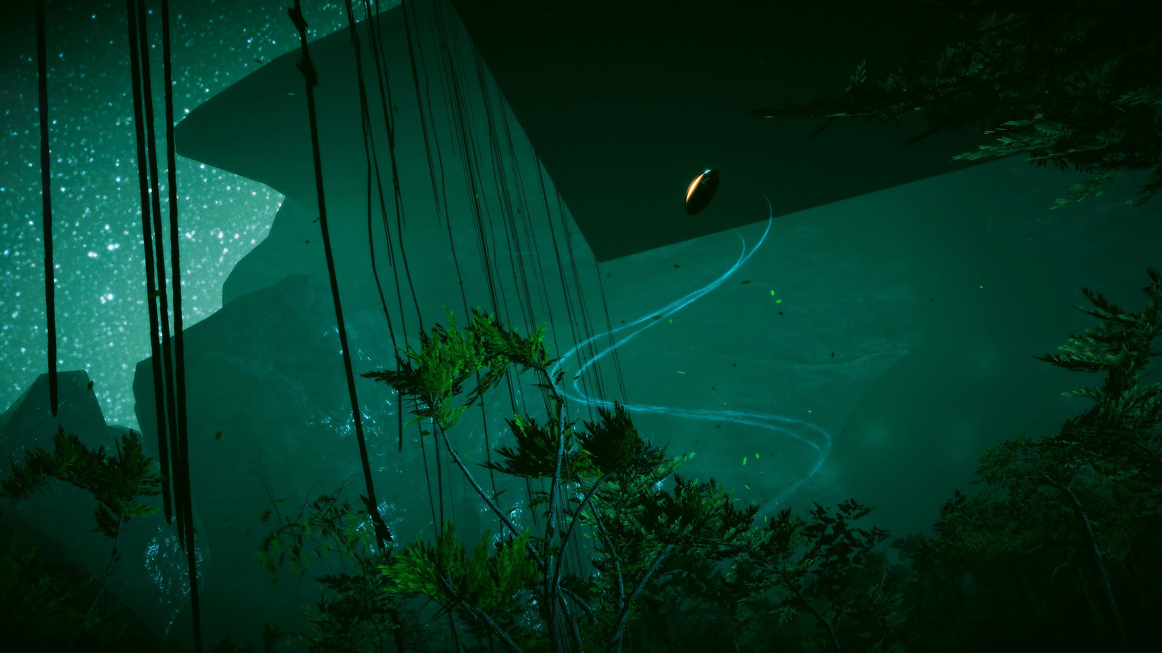 Captura de pantalla de Exo One que muestra un objeto volando sobre árboles