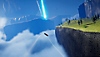 《Exo One》螢幕截圖，顯示一個飛行物體在懸崖邊緣附近