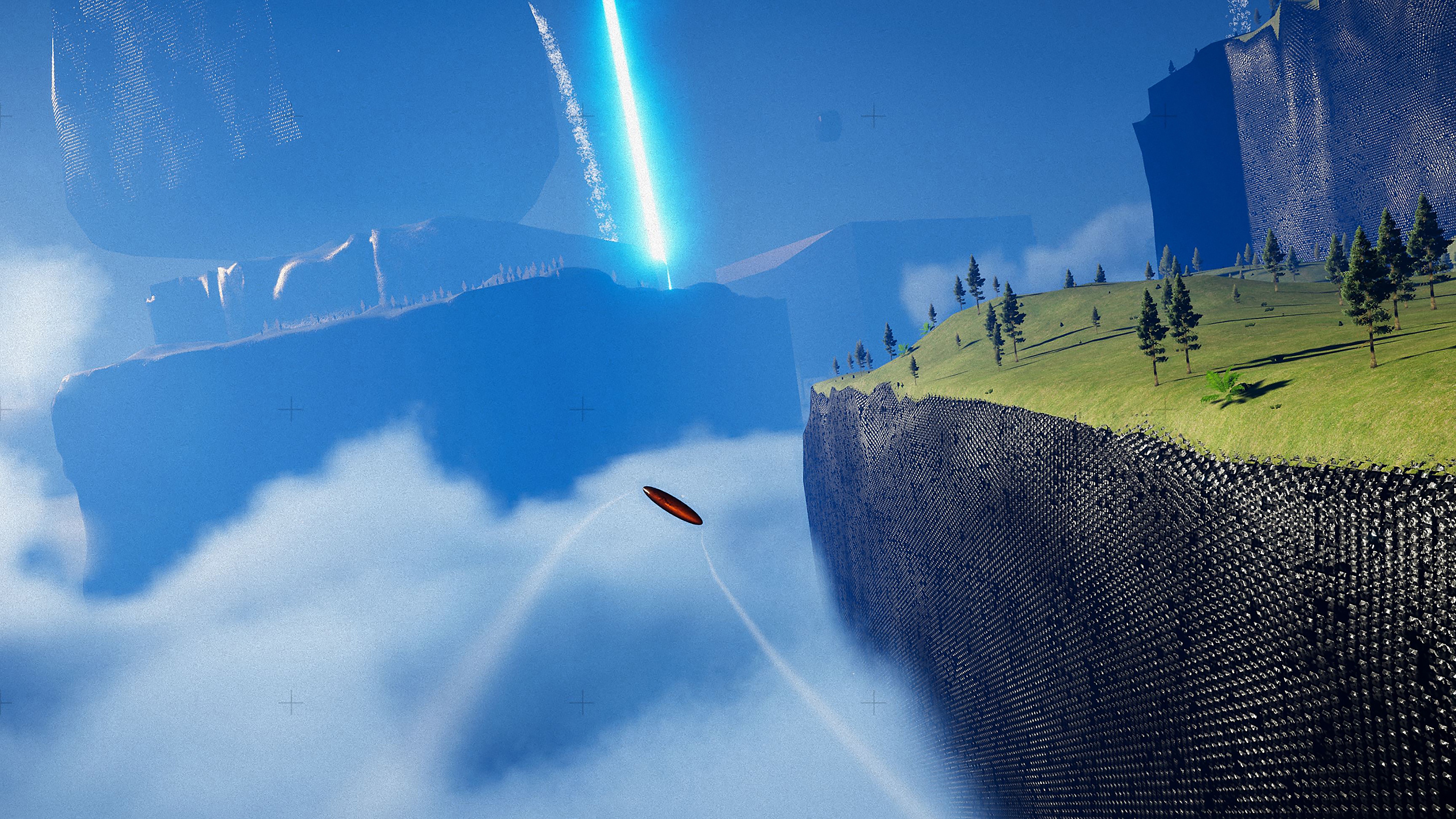 《Exo One》螢幕截圖，顯示一個飛行物體在懸崖邊緣附近