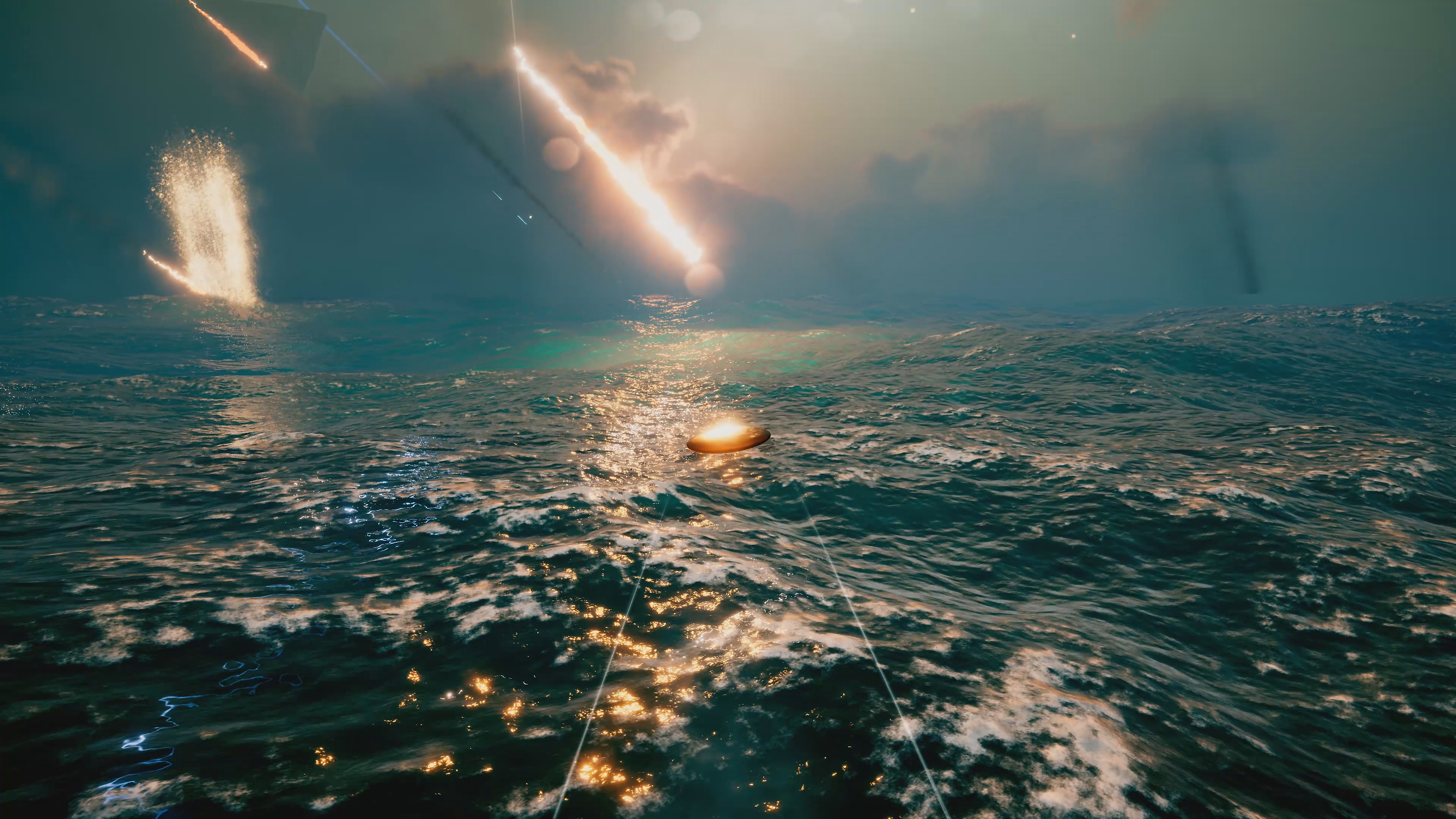 Screenshot van Exo One met daarop een vliegend object boven een oceaan