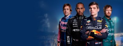 F1 22 - Illustration principale montrant Fernando Alonso, Lewis Hamilton, Max Verstappen et Sebastian Vettel