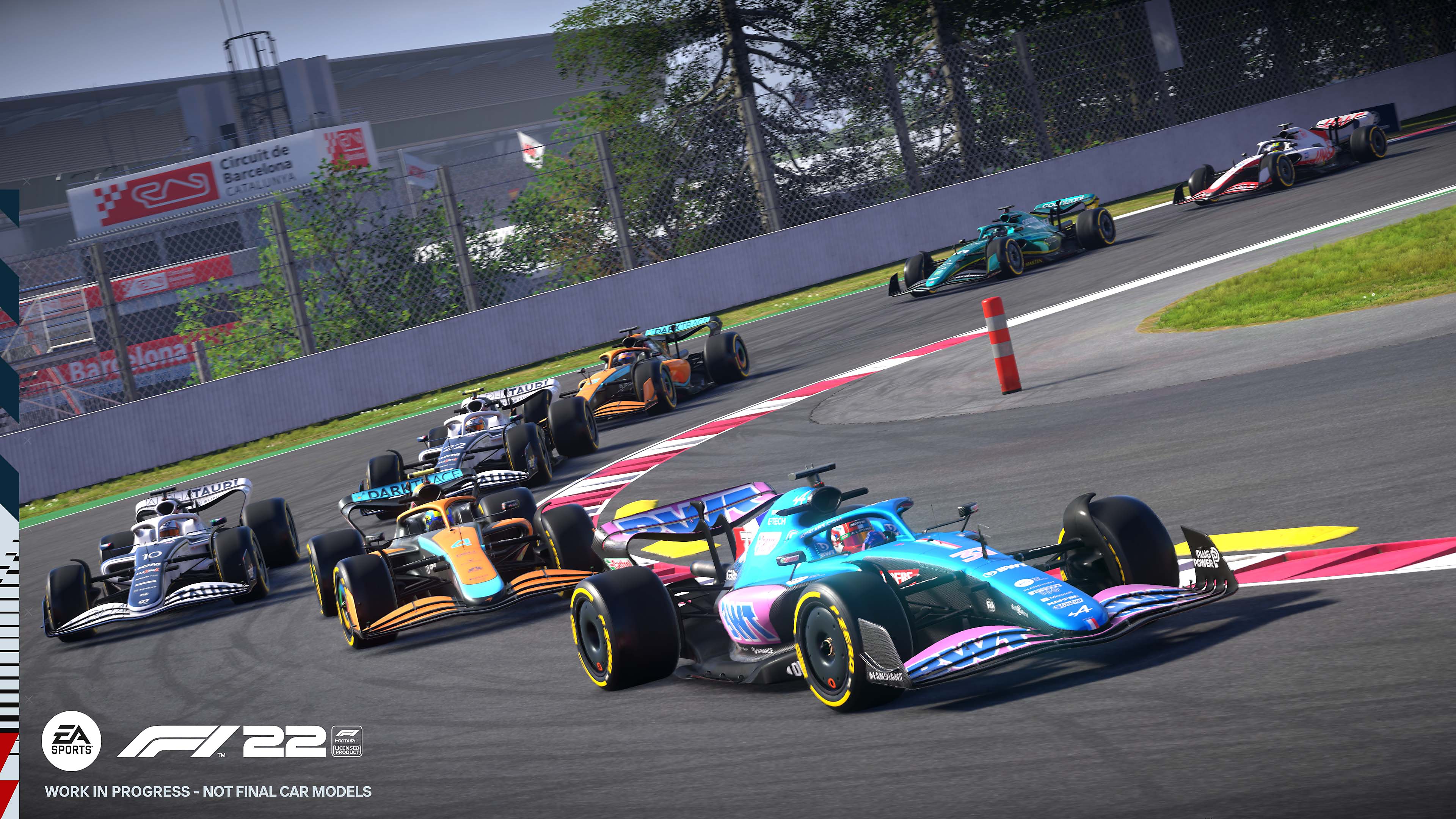 F1 22 screenshot showing an Alpine leading a line of cars