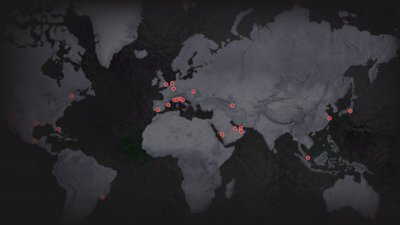 呈現用紅色圖釘在世界地圖上標示不同地點的《F1 23》螢幕截圖
