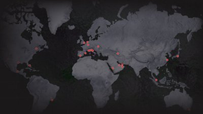 Captura de tela de F1 23 mostrando um mapa do mundo com marcadores vermelhos em vários locais