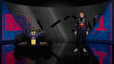 F1 24 screenshot showing a Red Bull driver and car