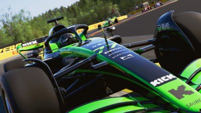 F1 24 screenshot showing a black and green car