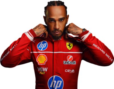 Image of Lewis Hamilton in this season's Ferrari race suit