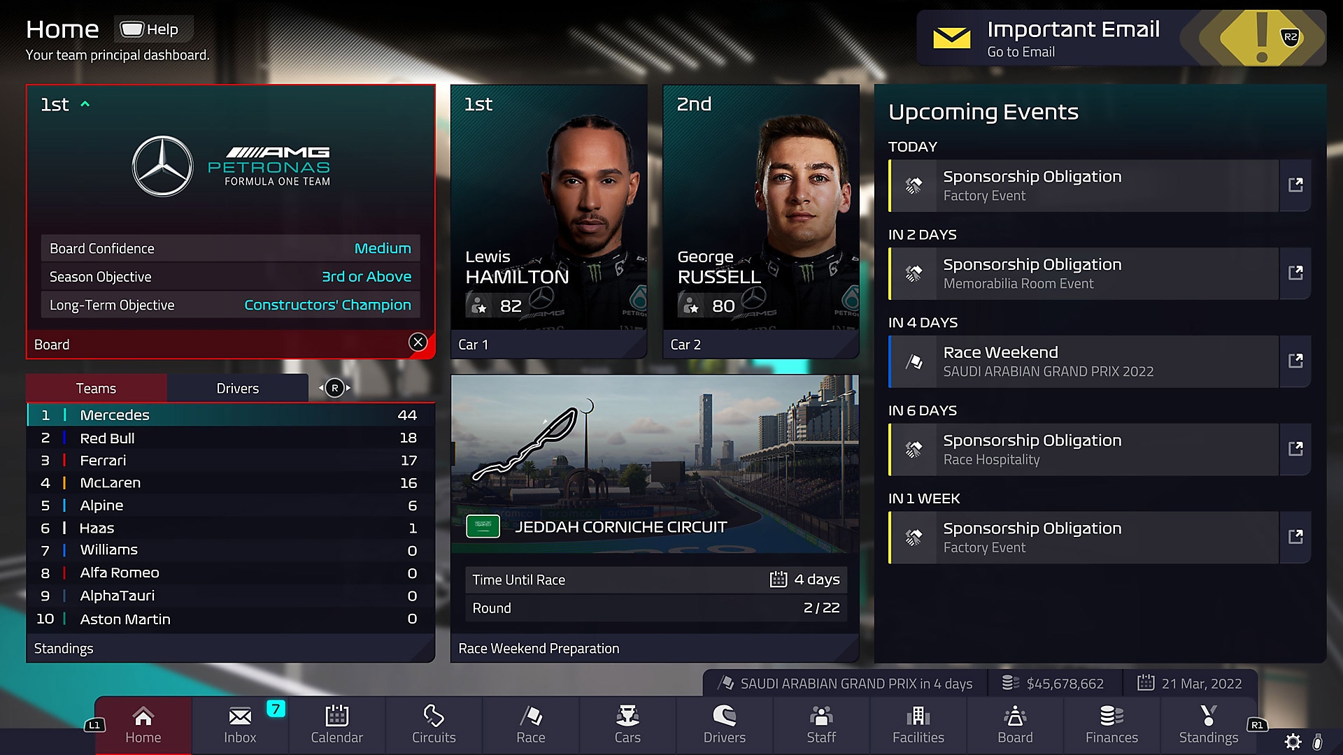 Captura de pantalla de F1 Manager 2022 de una alineación de equipo