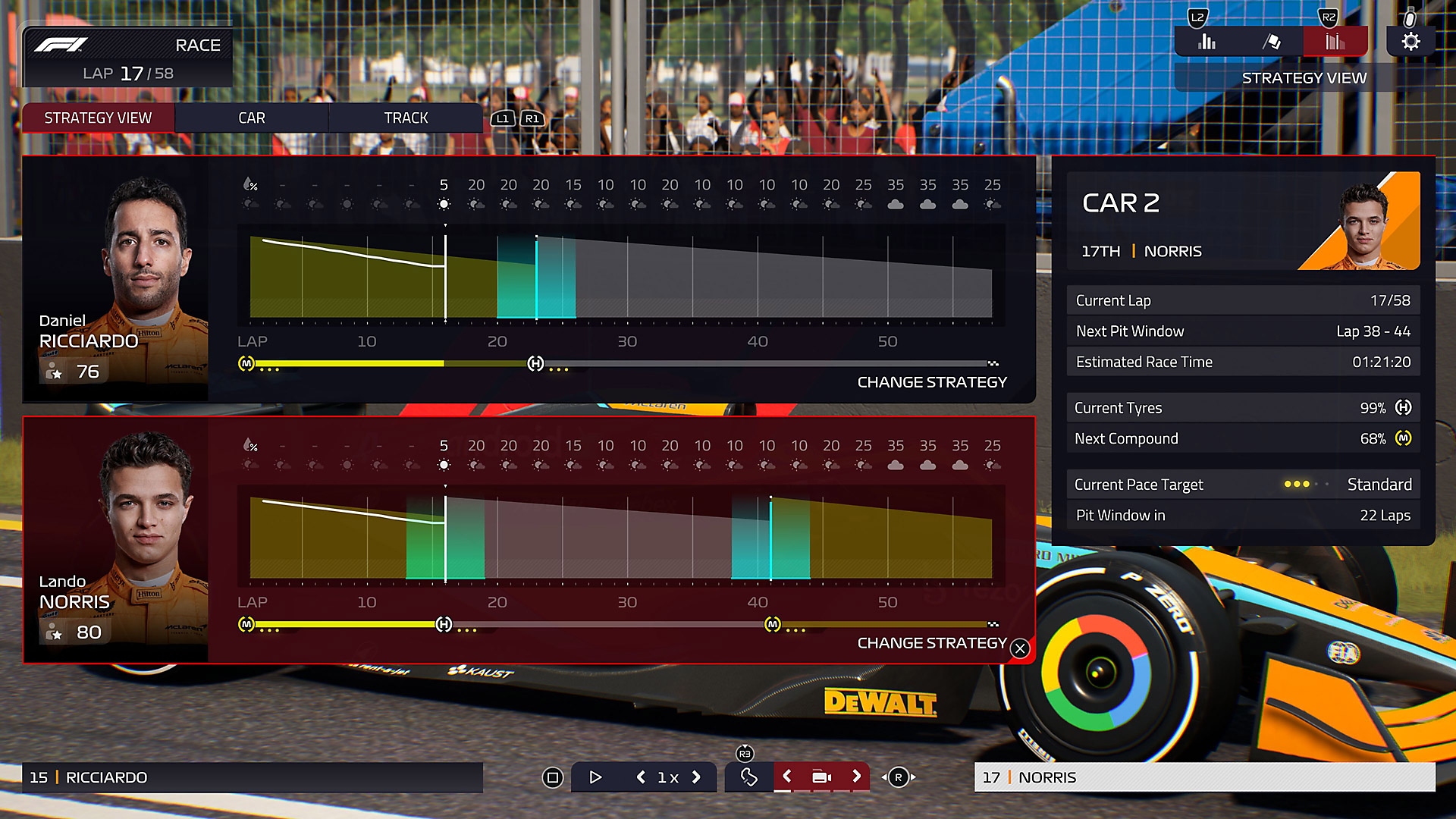F1 Manager 2022 - screenshot van de game-interface waarin twee racers worden vergeleken