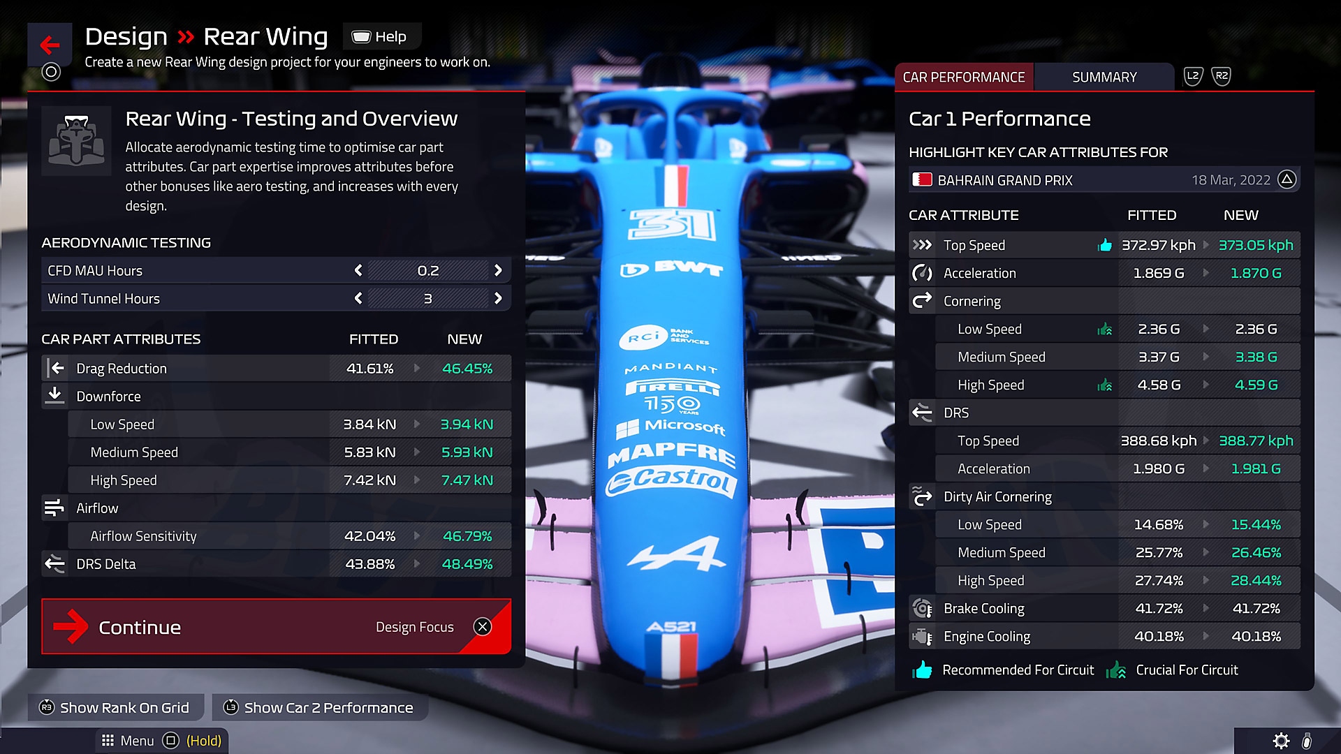 Captura de pantalla de interfaz de juego de F1 Manager 2022 que muestra un automóvil de carreras