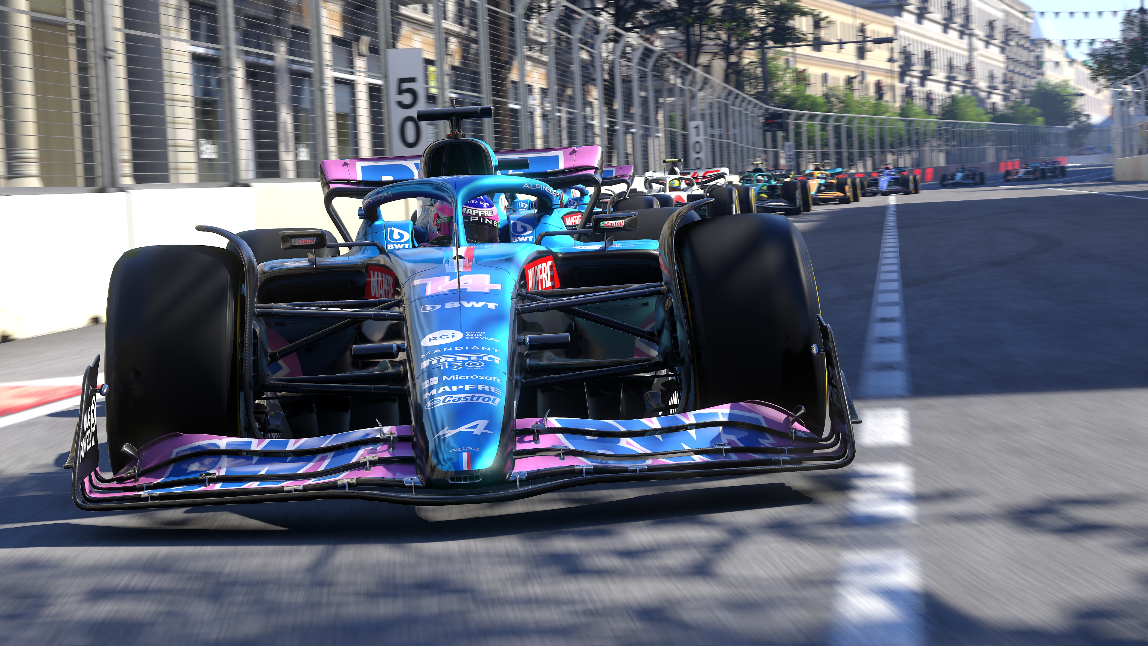 F1 22 screenshot showing an Alpine leading a line of cars