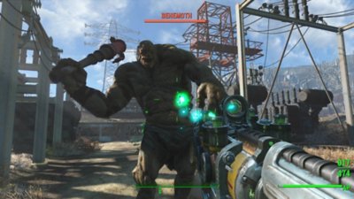 Fallout 4 στιγμιότυπο που απεικονίζει τον παίκτη να αντιμετωπίζει έναν μεταλλαγμένο τύπου βεεμώθ σε μάχη.