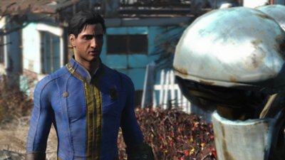 《Fallout 4》螢幕截圖，呈現避難所居民與機器人同伴交談。