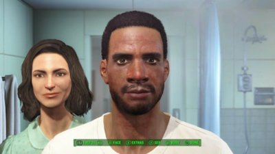 《Fallout 4》螢幕截圖，呈現角色建立系統。