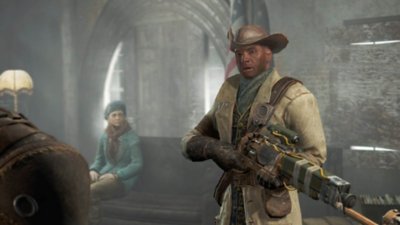 Screenshot di Fallout 4 che mostra Preston Garvey dei Minutemen del Commonwealth.