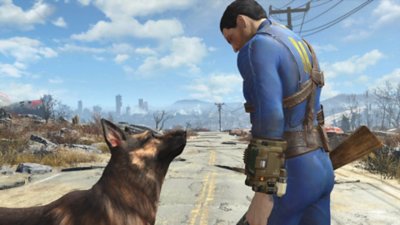Снимок экрана из игры Fallout 4, изображающий жителя Убежища, который смотрит на своего верного пса