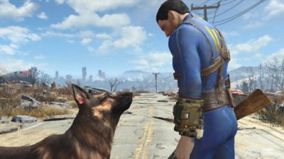 Screenshot di Fallout 4 che mostra l'abitante del Vault mentre guarda il suo cane.
