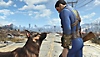 Fallout 4 - captura de ecrã que mostra um Vault Dweller a observar o cão que o acompanha.