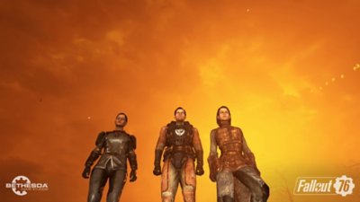 Fallout 76 screenshot showing three characters in front of an orange sky