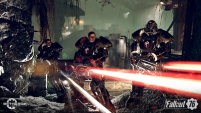 Fallout 76 screenshot showing three characters firing red lasers