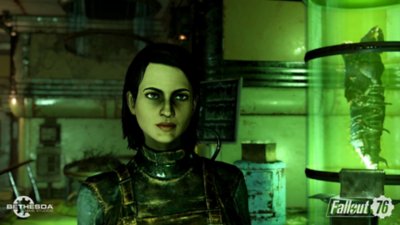 Captura de tela de Fallout 76 que mostra um personagem em um ambiente laboratorial.