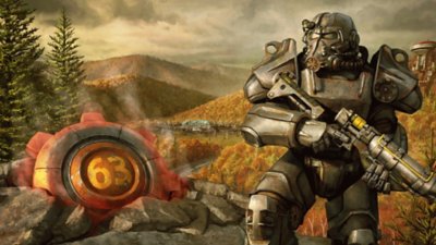 Fallout 76: Skyline Valley – Illustration montrant un personnage en armure à côté d’un morceau de l’abri 63