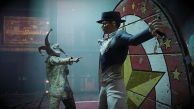 Fallout 76 Atlantic City - Boardwalk Paradise screenshot showing a magician-like character on a 'wheel of death' while a person in jester's mask points at them