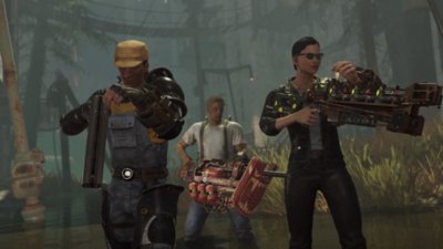 Fallout 76 Atlantic City - America's Playground screenshot showing three characters posing with elaborate custom weaponry.